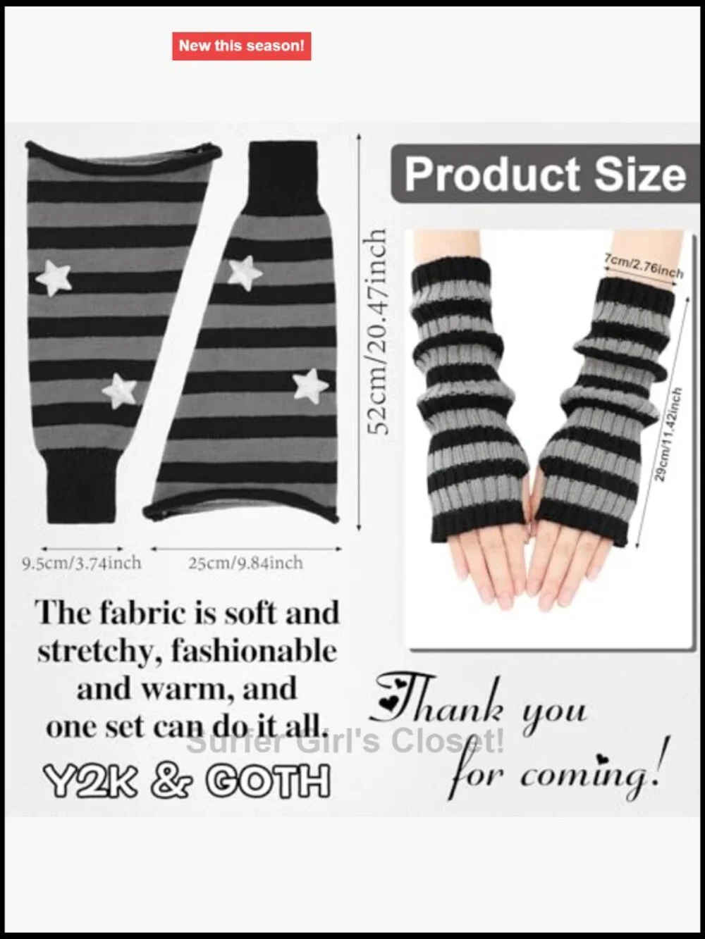 Y2K Cat Ear Knit Beanie Arm & Leg Warmers Set Stretchy Goth Dance